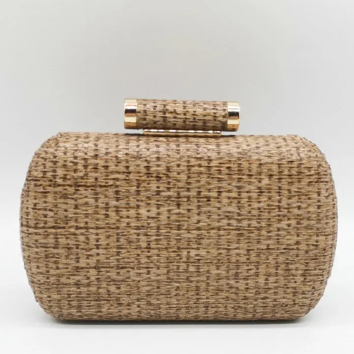 Boutique De FGG Straw Women Metal Clutches Chain Shoulder and Crossbody Bags Ladies Party Cockatail Evening Beach Clutch Purse