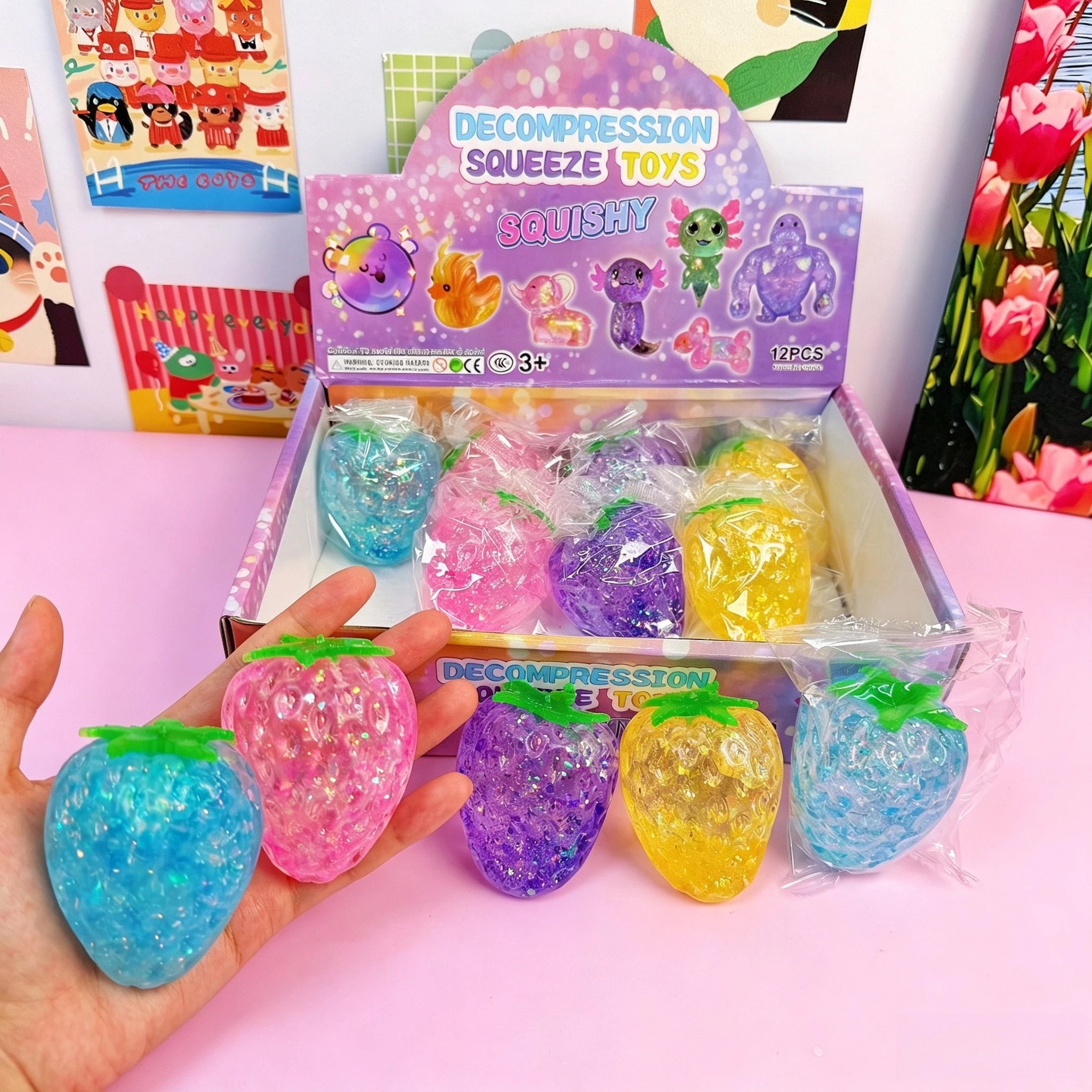 Glitter Maltose Strawberry Squishy Toy Transparent Sparkle Squeeze Fidget Toy Stress Relief Fruit Decompression Toy Kids Gift
