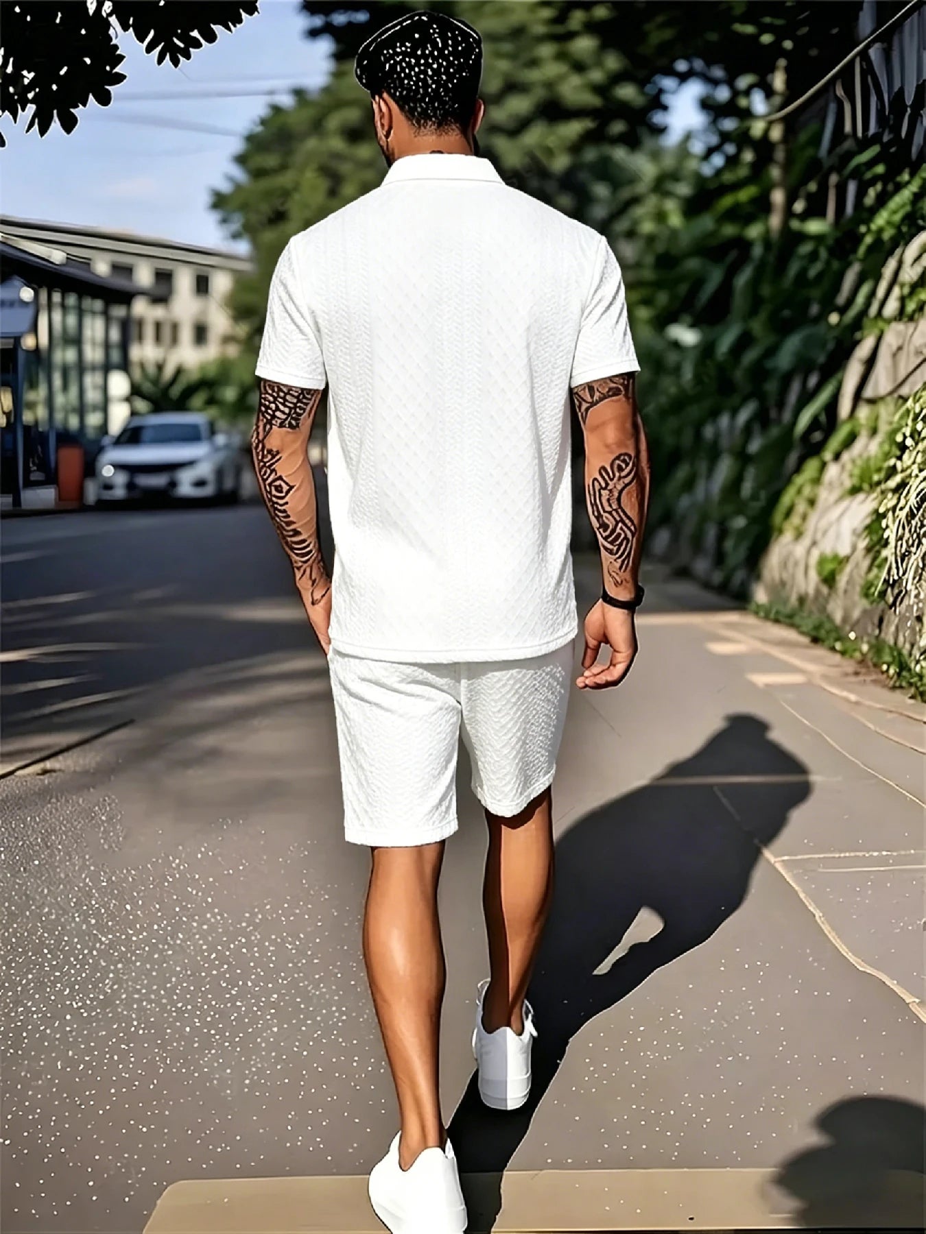 Men's Island Vacation Textured Lapel Polo Shirt & Shorts 2 Piece Set, 3D Jacquard Fabric, 2-Button Placket, Drawstring Waist for