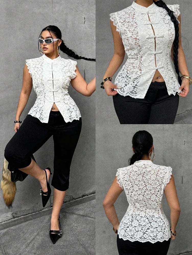 Plus Size Elegant Lace Blouse, Mandarin Collar Frog Button Sleeveless Shirt, Slim Fit Casual Vacation Top for Women