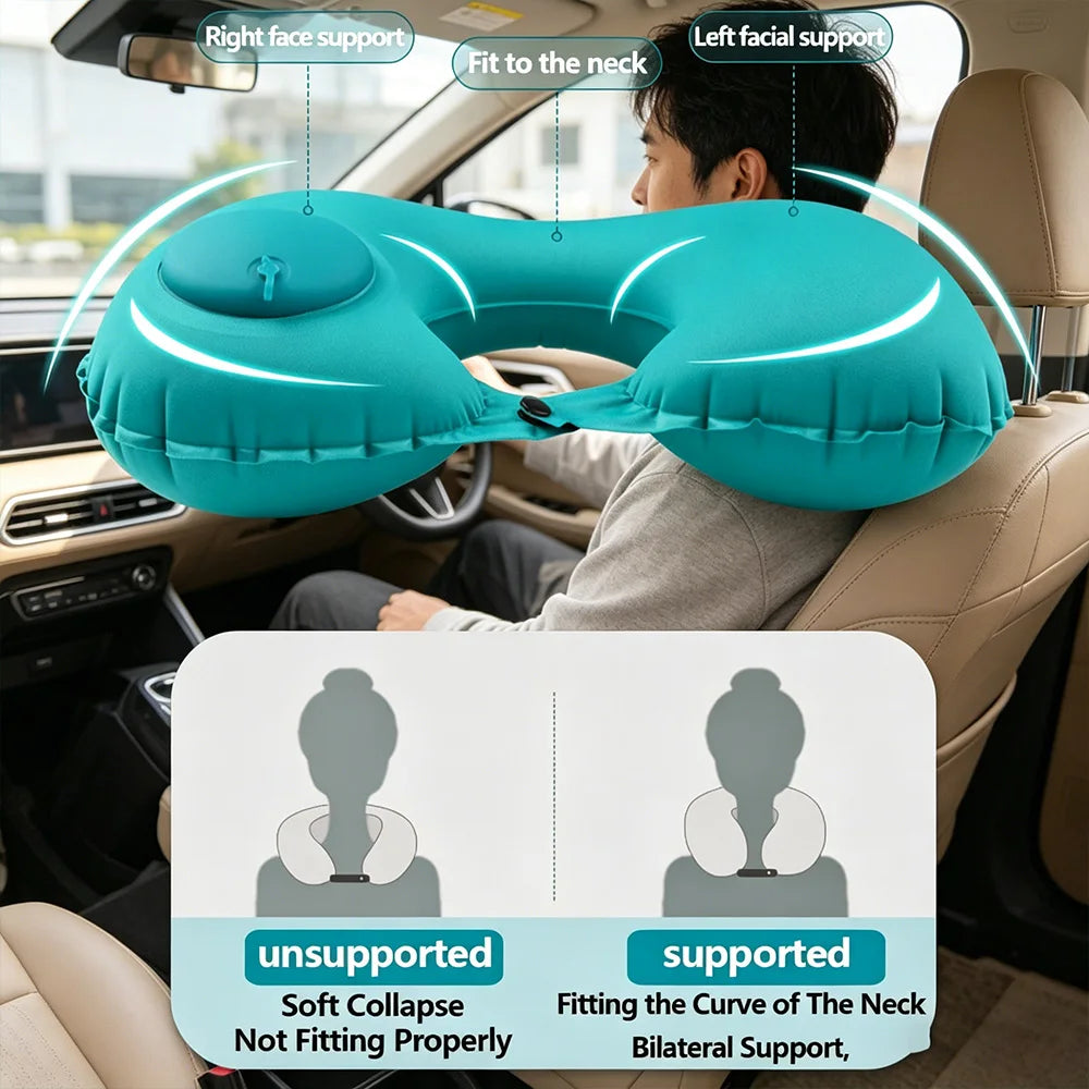 Portable Press Inflatable Neck Pillow U-Shaped Soft Support Travel Pillow for Flight Car Road Trip