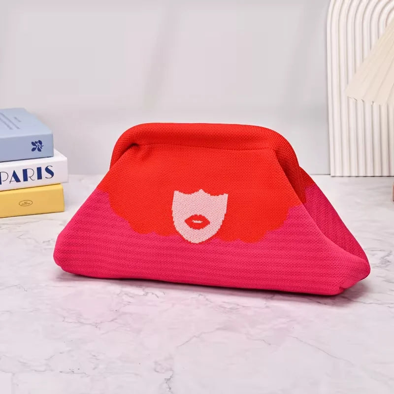 Trendy color-blocking fun lip print knitted pattern design ladies' evening banquet lightweight luxury commuting clutch