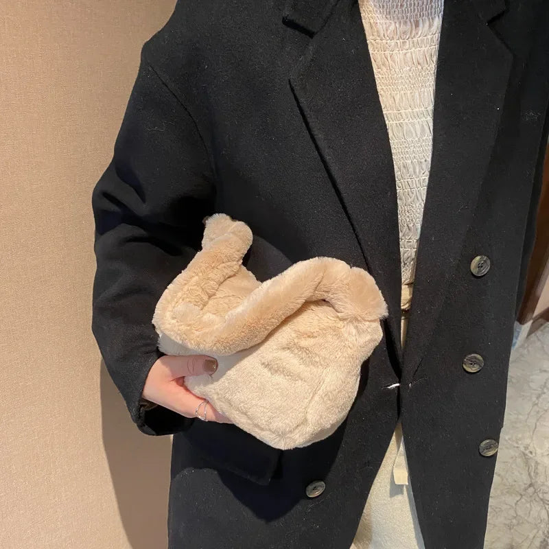 New Fluffy Totes Soft Plush Shoulder Underarm Bag Solid Color Purse Autumn Winter Handbag Women Lady Fashion Storage Pouch