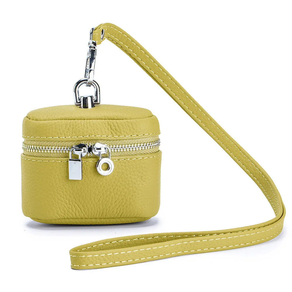 Top-Grain Leather Mini Coin Purse Ins Style - Portable Neck-Hanging Lipstick Makeup Bag & Real Leather Earphone Pouch for Wome