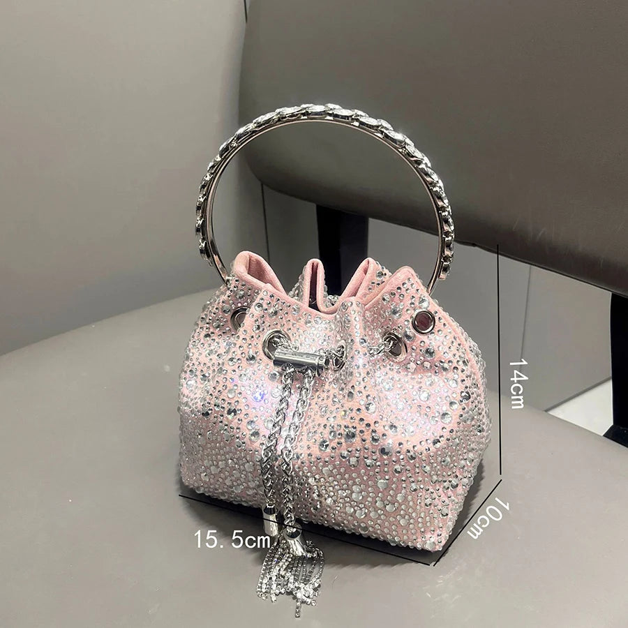 New Tassel Women's Shoulder Bags Metal Ring Diamond Bucket Bag Shiny Drawstring Handbag Tote Chain Crossbody Bags Evening Clutch