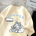 Plus Size Summer Japanese Cartoon Cute Cat Fun Print Short Sleeve T-shirt Women's Loose Casual Half Sleeve Soft Bottom Shirt Top