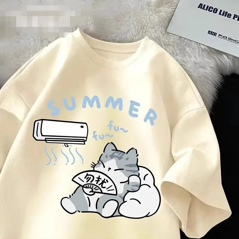 Plus Size Summer Japanese Cartoon Cute Cat Fun Print Short Sleeve T-shirt Women's Loose Casual Half Sleeve Soft Bottom Shirt Top