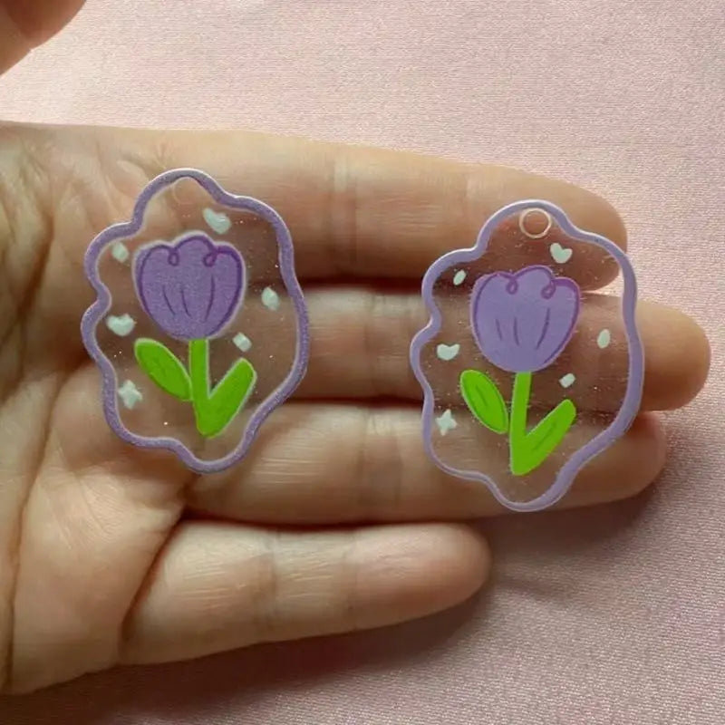 10pcs acrylic colored tulip relief printed pendant handmade DIY keychain earring pendant