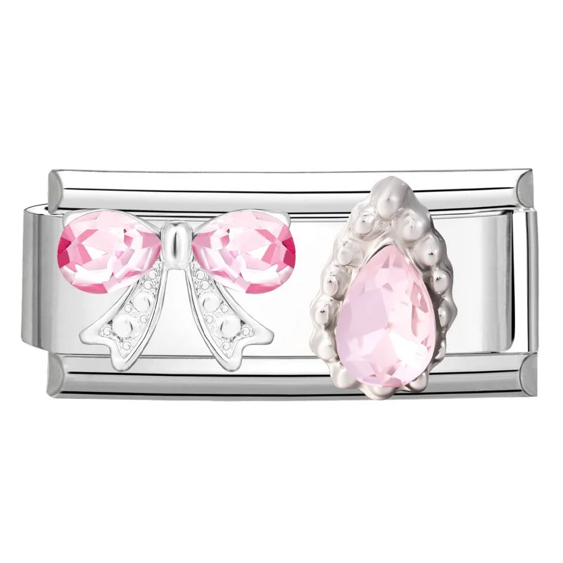 Y2K Zircon Pink Heart Star Butterfly Bow Long Italian Charm Link Fit 9mm Bracelet Stainless Steel Women DIY Making Jewelry Gifts