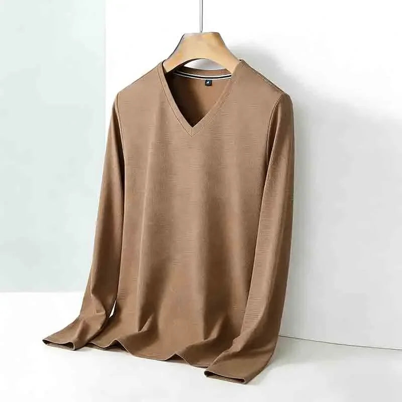 Basic Men's Light Gray V-neck Long Sleeve T-shirt Textured Fabric Casual Top for Everyday Outfits