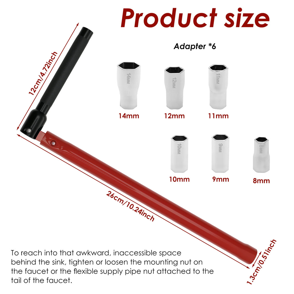 Faucet Wrench Carbon Steel Plumber Socket Wrench with 5 Sockets and 1 Chuck Tap Back Nut Sink Basin Wrench Tap Installation Tool