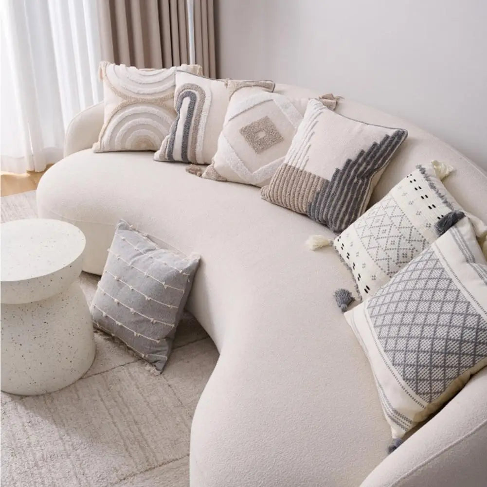 Unique Boho Throw Pillow with Braided Rope Pattern Handmade Tassels Cushion Soft Cotton Linen Textured Cushion for Sofa Bed