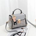Fashion Plaid Crossbody Bag with Cute Bear Charm Shoulder Purse,with Lock Closure Top Handle Bag , Adjustable Strap, for Women
