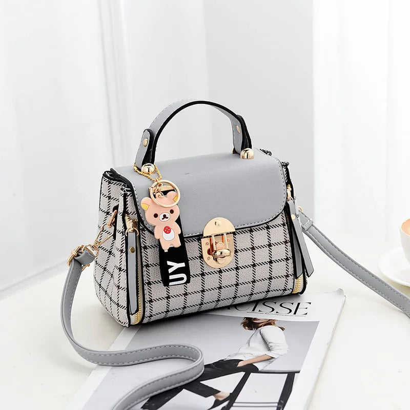 Fashion Plaid Crossbody Bag with Cute Bear Charm Shoulder Purse,with Lock Closure Top Handle Bag , Adjustable Strap, for Women