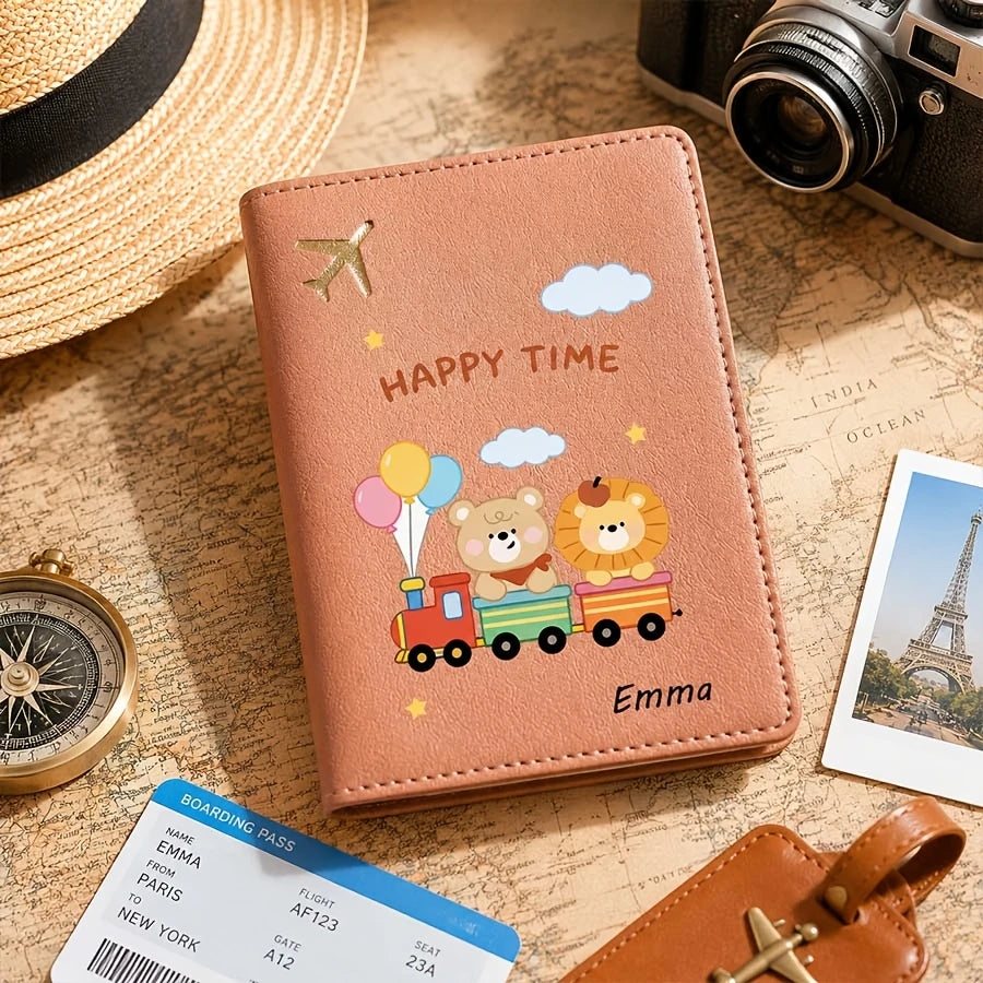 Custom Cute Cartoon Animal Bear-pattern Passport Cover with Custom Name, Text Passport Book Holder, Passport Protector