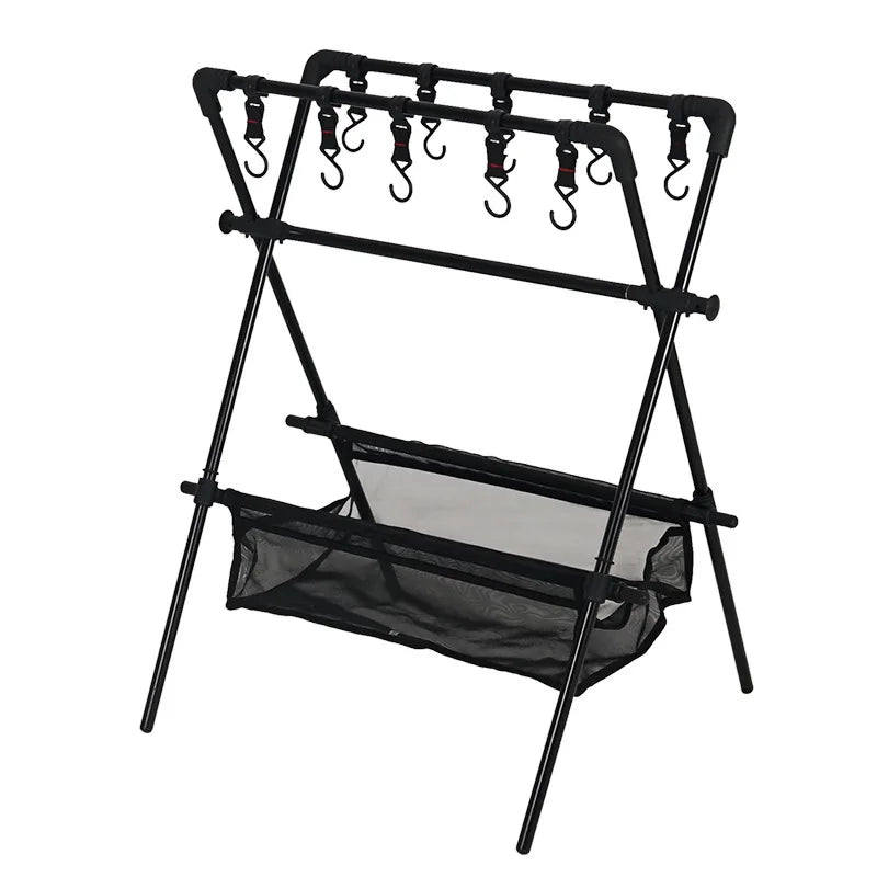 Camping Triangle Shelf Aluminum Alloy Folding Double-Layer Large Capacity with Hook Net Bag Outdoor Glamping Picnic Hanging Rack