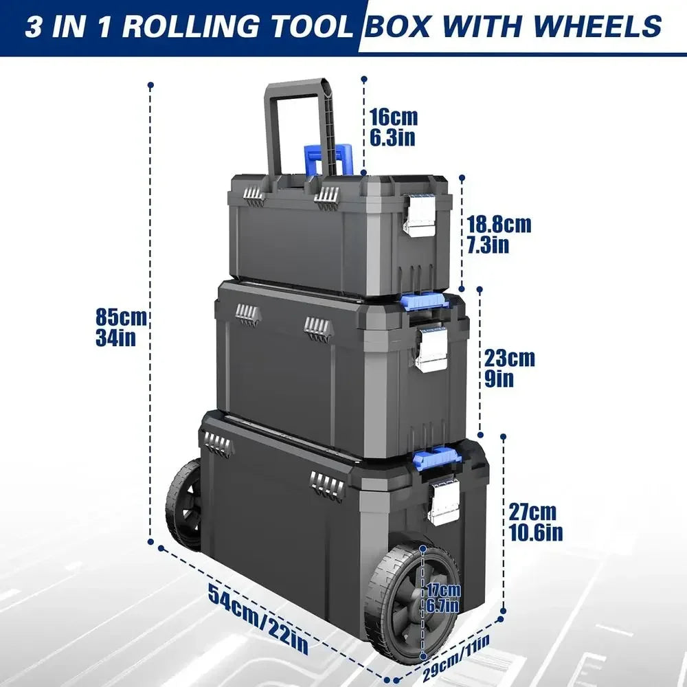 3-in-1 Rolling Stackable Toolbox with Detachable Organizer for Portable Storage in Workshops and Home DIY