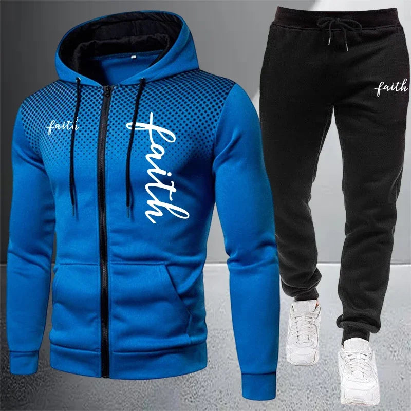 Autumn Winter Men's Jacket Tracksuit Printed Casual Zip Hooded Sweatshirt Coat Outdoors Sports Jogging Clothes Single Tops Pants