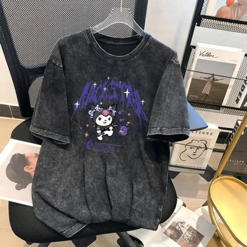Kuromi Summer New T-Shirt Men and Women American Retro Washed Cotton Loose Distressed Short-Sleeved T-Shirt Tops Cartoon Print