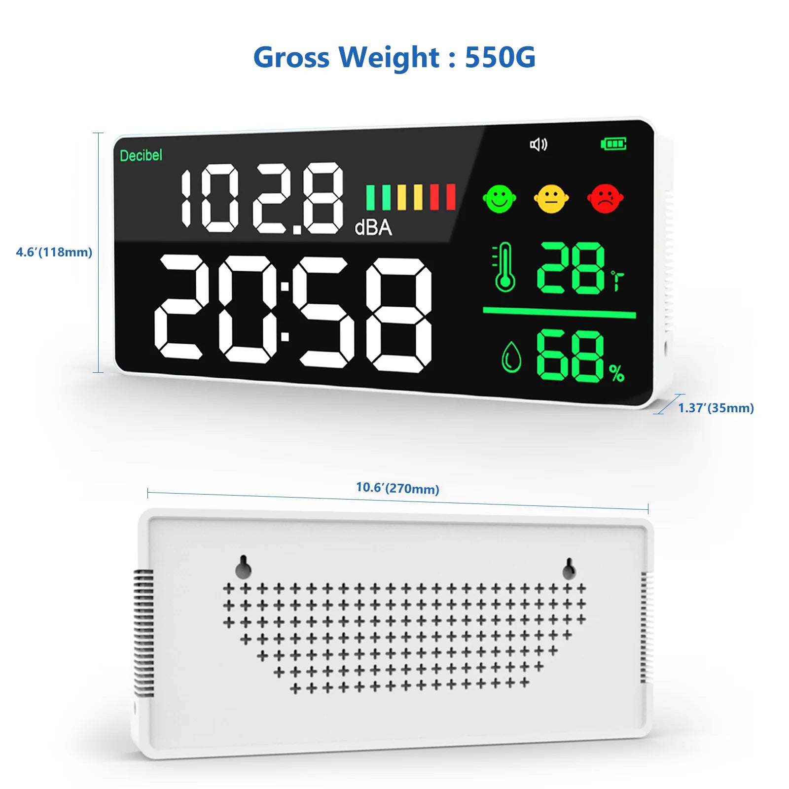 4-in-1 Digital Decibel Meter Wall Hanging Sound Level Noise Meter 30-130dB Range 11 Inch Large LED Display Multi-function