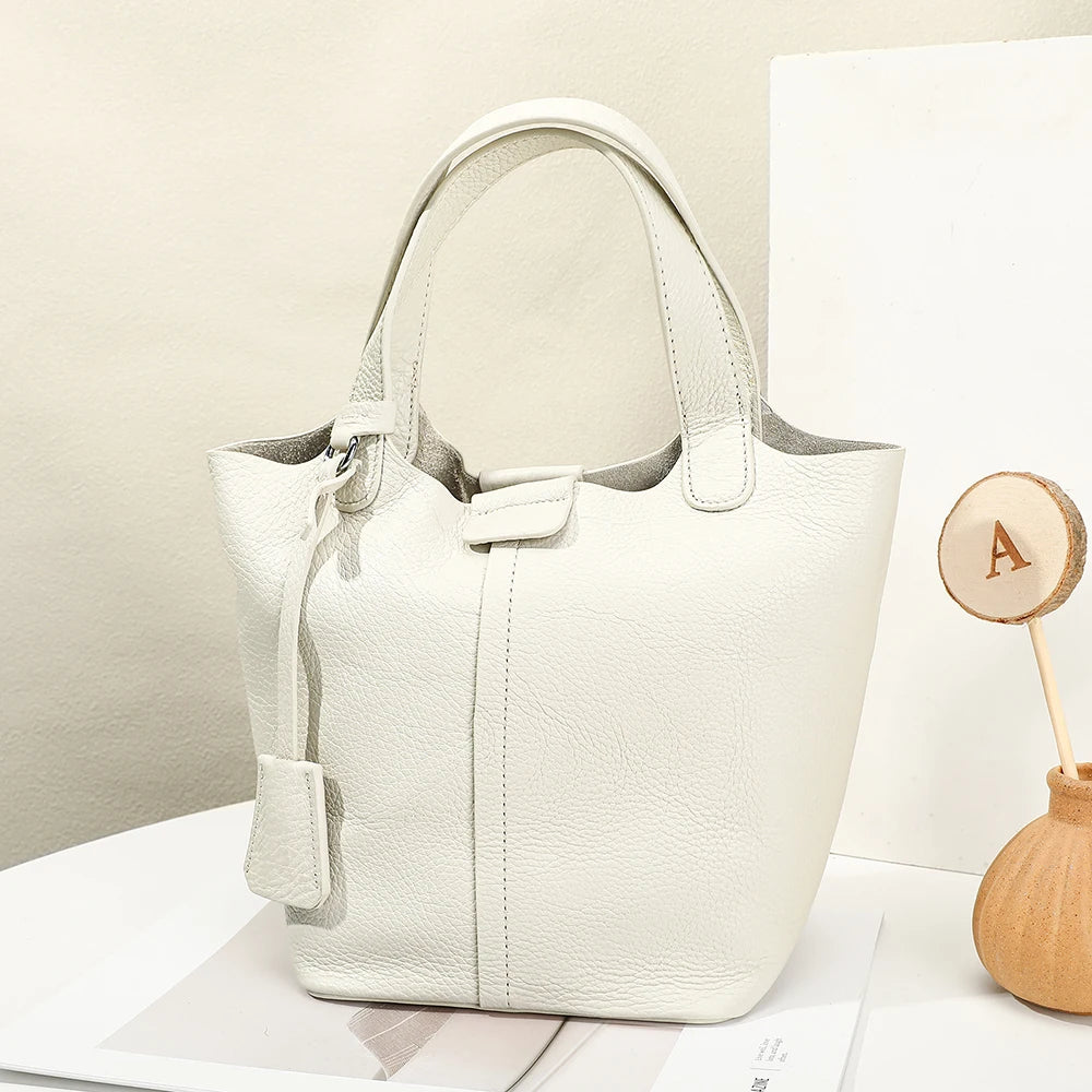 Ladies Full Grain Top Layer Cow Leather 2pcs Bag Set Small Tote Bucket Handbag Detachable Strap Crossbody Bag with Matching Clut