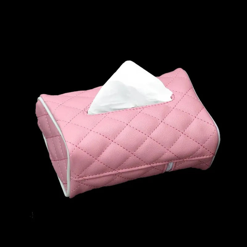Solid Color Checkered Leather Wear-Resistant Tissue Box Car Seat Back Sunshade Hanging Tissue-Bag Buckle Strap Easy Installation