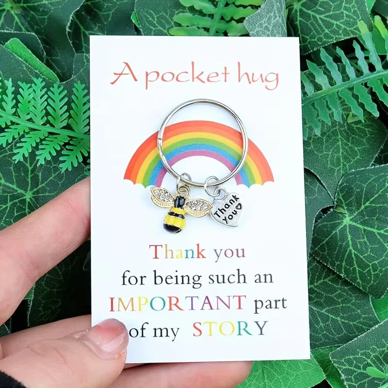 10 Bee-Themed Thank You Cards with Keychains, Perfect for Birthdays, Weddings, Teacher's Day, Graduation Ceremonies, and Back-To-School Season, Featuring a Hug Symbol and a Proud Rainbow Design on the Cards — an Ideal Gift
