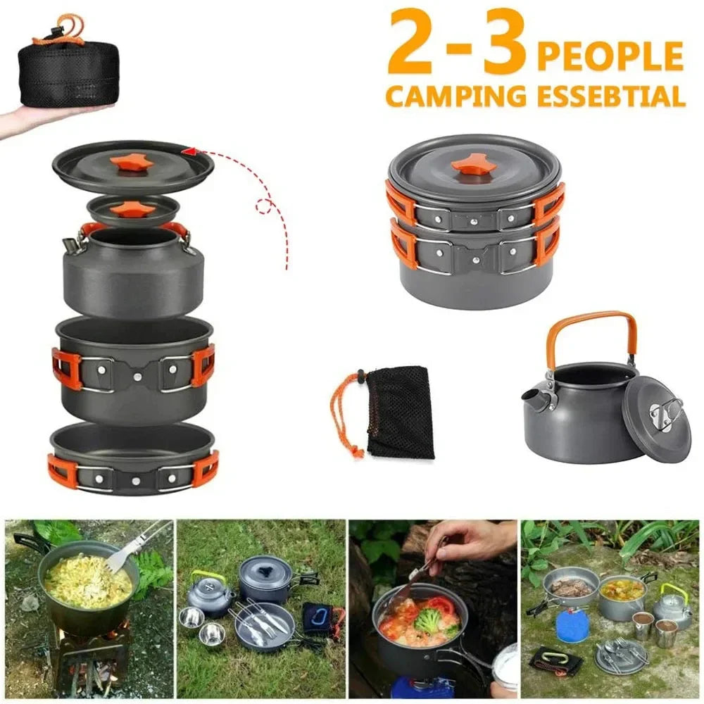 Camping Cookware Kit Outdoor Cooking Set Aluminum Pot Equipment Travel Tableware Kitchen for Hiking Picnic BBQ