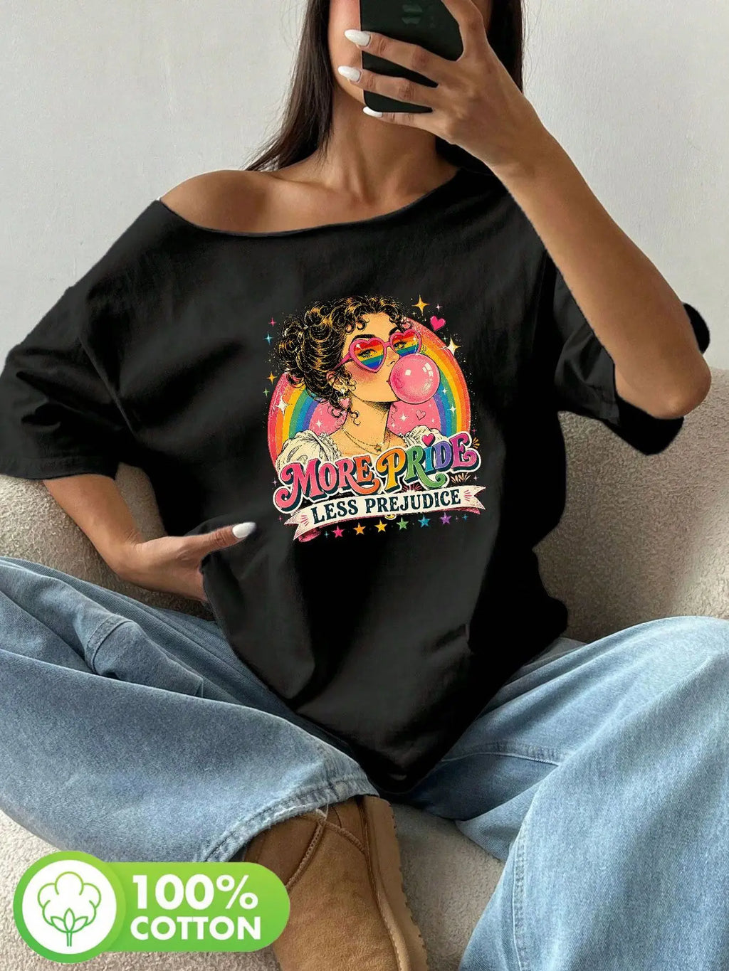 Plus Size Women's Retro Rainbow Pride Heart Sunglasses Graphic Tee 100% Cotton Shoulder Loose Print T-Shirt Oversized Y2K Sty