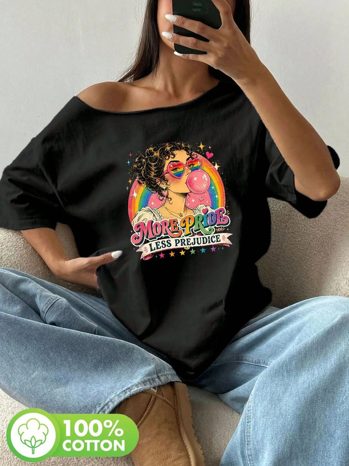Plus Size Women's Retro Rainbow Pride Heart Sunglasses Graphic Tee 100% Cotton Shoulder Loose Print T-Shirt Oversized Y2K Sty