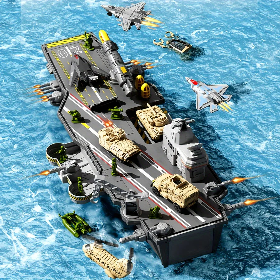 Children's Aircraft Carrier Toys Set with Military Action Figures, Aircraft Toys, Military Tanks, Helicopters and Fighter Jets