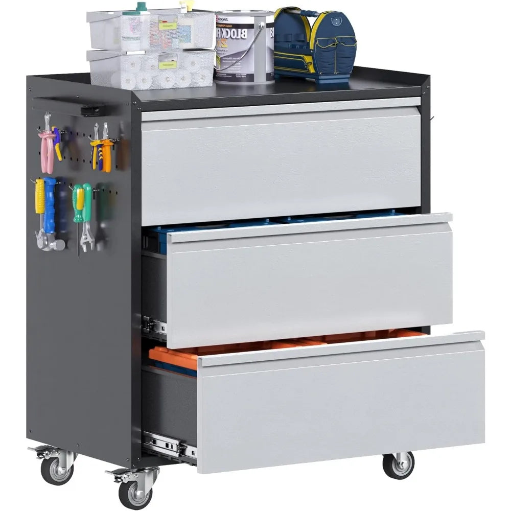 Metal Rolling Storage Cabinet with Drawers and Pegboards for Workshop, 18.11D x 30.3W x 35.4H Inches