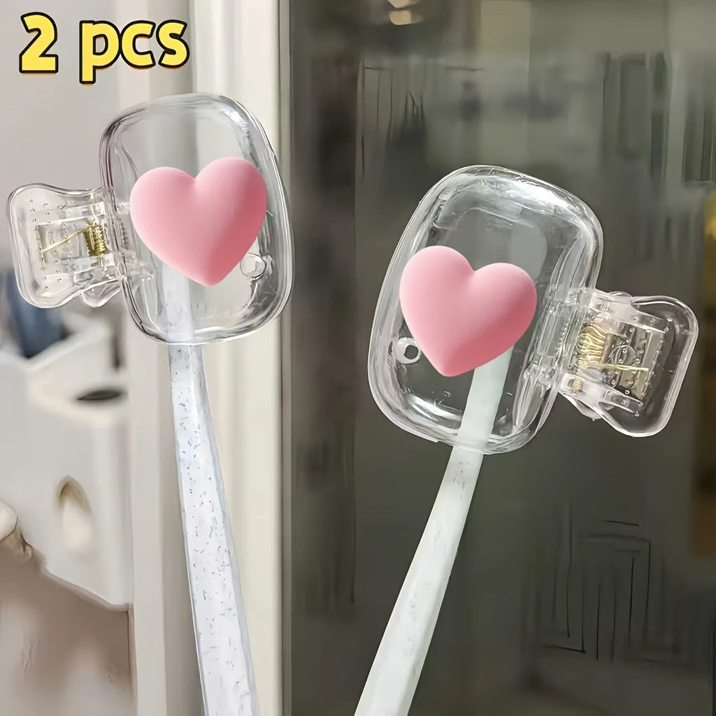 2pcs Pink Heart Toothbrush Holder Clips Home Portable Travel Toothbrush Protective Cap Storage Box Protection Clip Cover Gifts