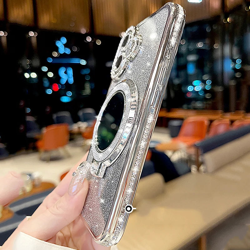 Luxury Diamond Clear Glitter For Magsafe Case For iPhone 17 16 15 14 13 12 11 Pro Max Air Mirror Magnetic Holder Stand Cover