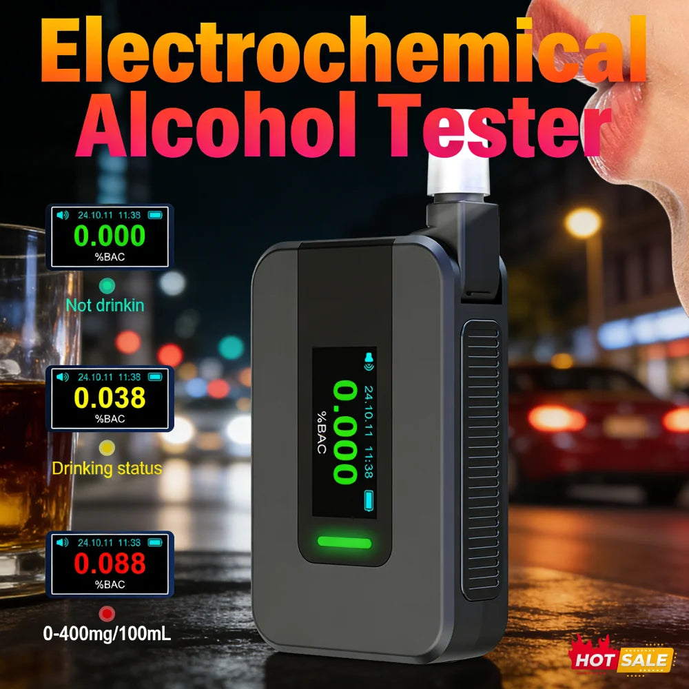 Electrochemical Alcohol Tester IPS Display Blowing Drunk Driving Alcohol Tester Portable Alcohol Meter for Outdoors Expressway