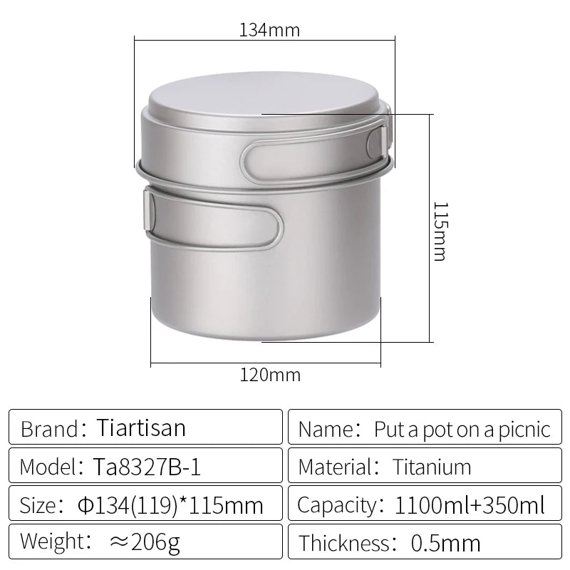 Tiartisan Titanium Folding Handle Camping Pot Frying Pan Set  Lightweight Portable Cookware Equipment For Outdoor Hiking Picnic