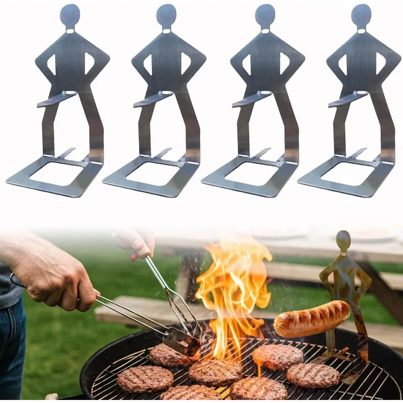 1-4pcs Stainless Steel Funny Hot Dog Holders for Grill Creative Standing Man Sausage BBQ Rack Reusable for Camping Spring Trip