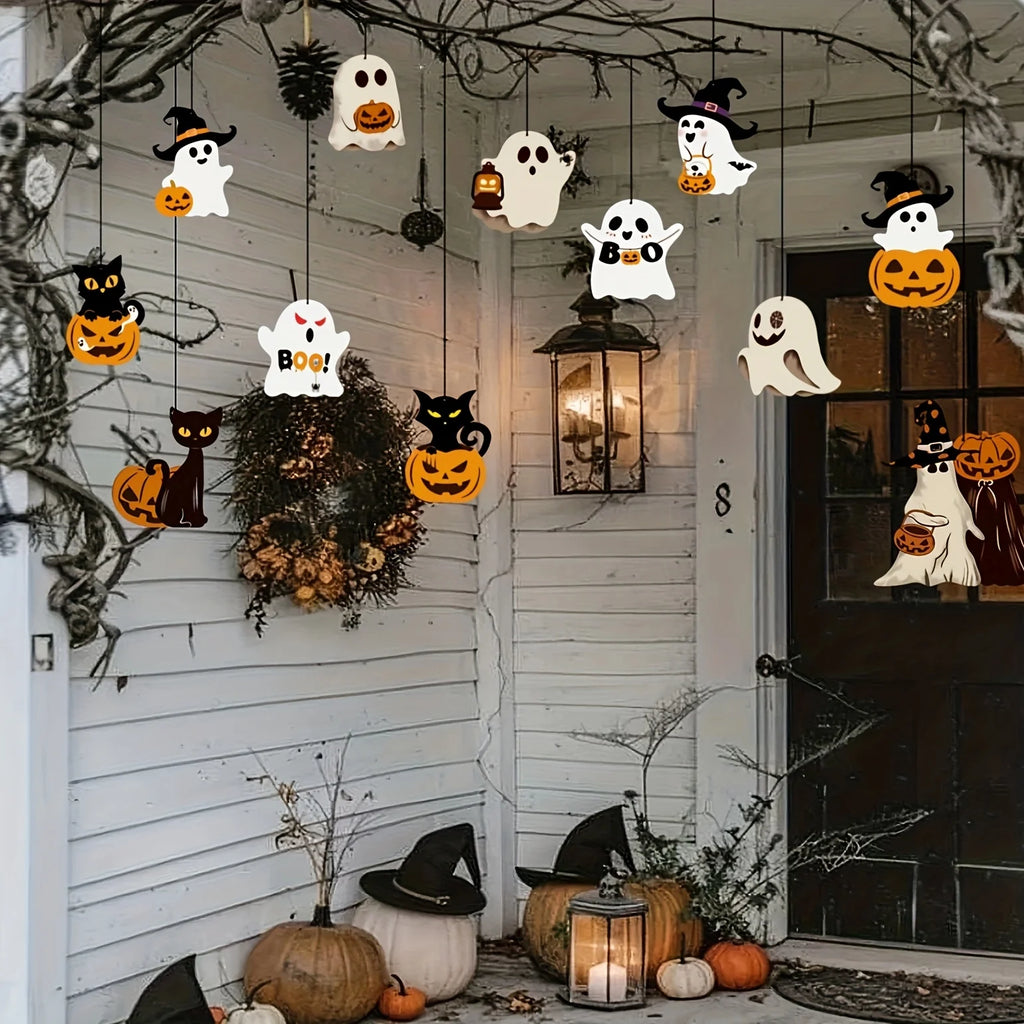 12pcs Halloween Theme Cute Pumpkin Black Cat Ghost Design Paper Halloween Ghost Decorations
