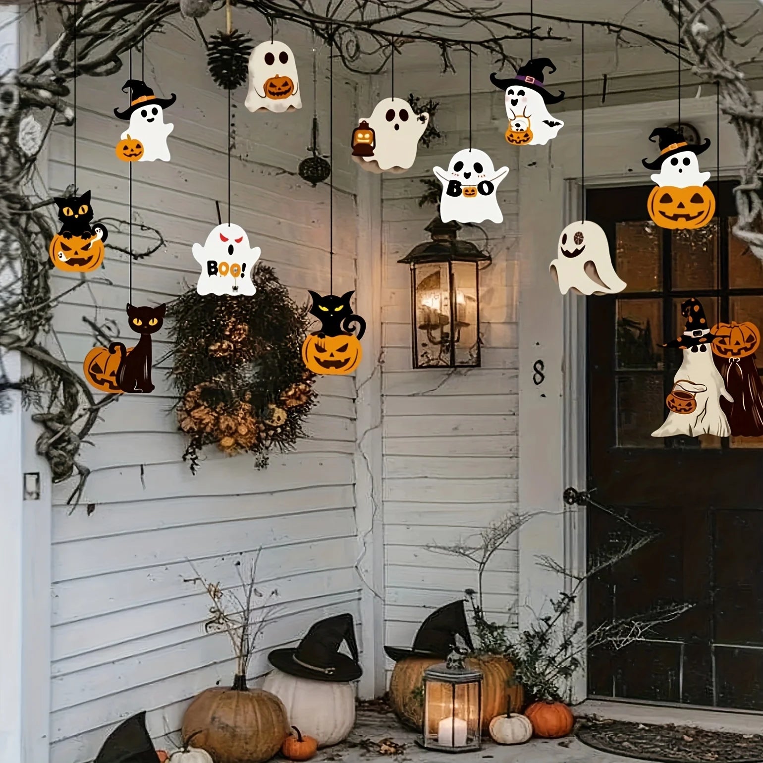 12pcs Halloween Theme Cute Pumpkin Black Cat Ghost Design Paper Halloween Ghost Decorations
