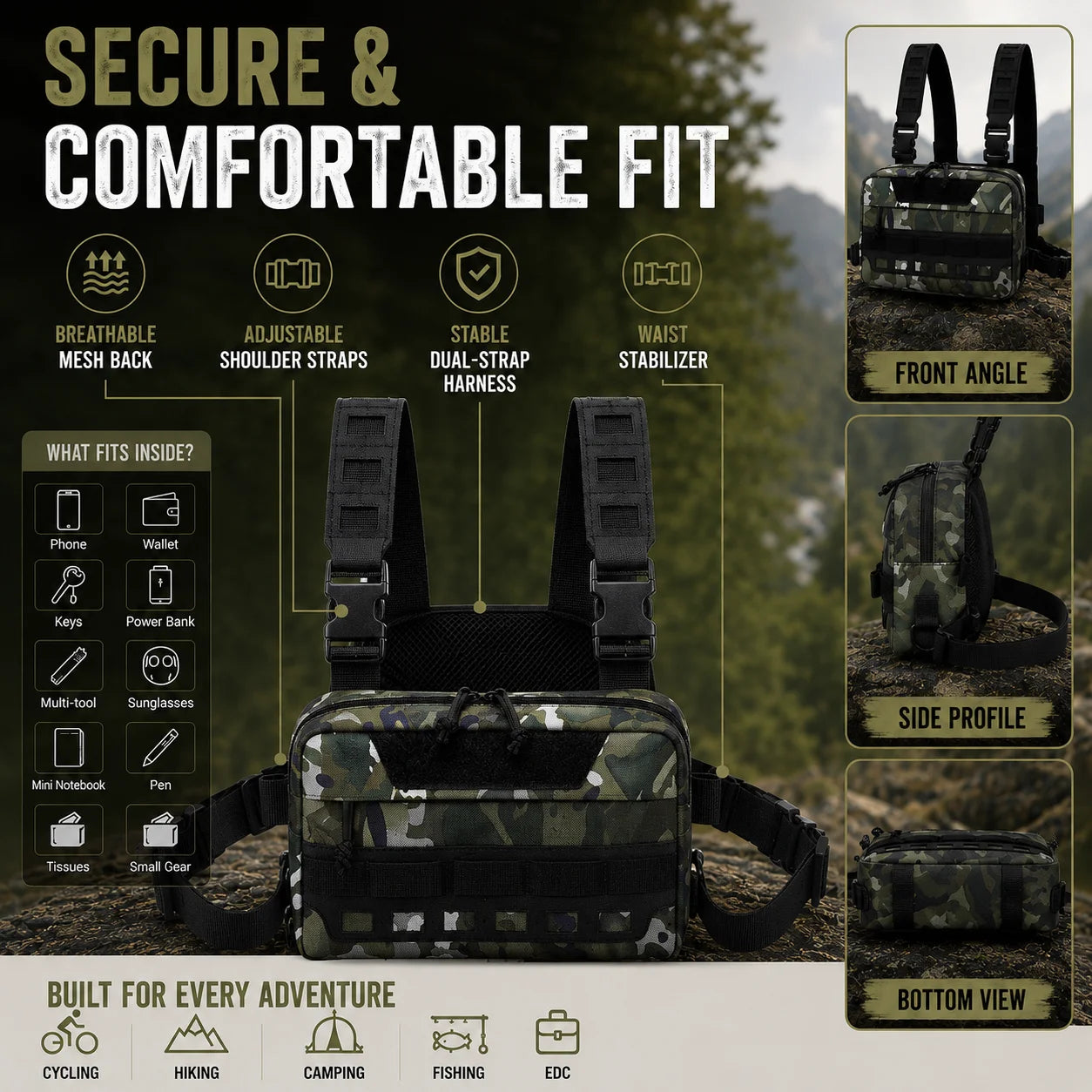 Functional Tactical Chest Bag Waist Bag Fishing MOLLE Outdoor EDC Chest Rig Pack for Cycling Hiking Camping Adjustable Harness
