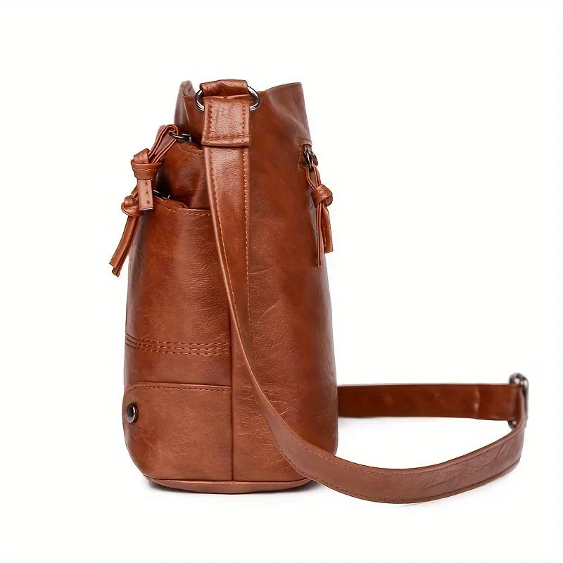 Retro Mini Crossbody Bag, Soft PU Leather Bucket Bag, Multi Layer Shoulder Purse with Interior Slot Pocket for Women Daily Use