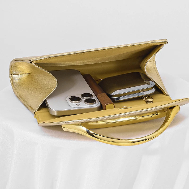 Women's Elegant Metallic Evening Clutch Bag, Luxury Party Purse, Crossbody Handbag With Chain Strap For Wedding Prom Banquet