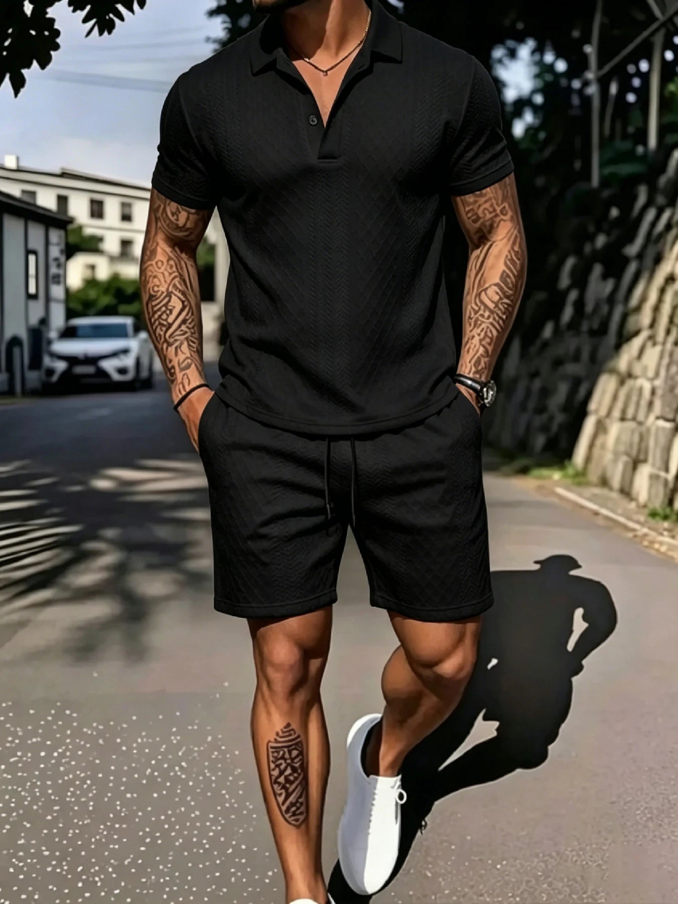 Men's Island Vacation Textured Lapel Polo Shirt & Shorts 2 Piece Set, 3D Jacquard Fabric, 2-Button Placket, Drawstring Waist for
