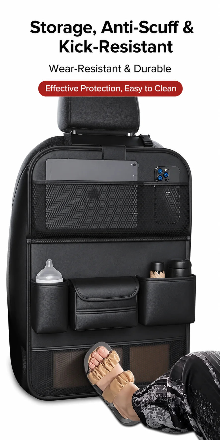 Car Seat Back Organizer with Kids Folding Tray Table, Hanging Storage Bag for Back Seat Travel Dining Desk