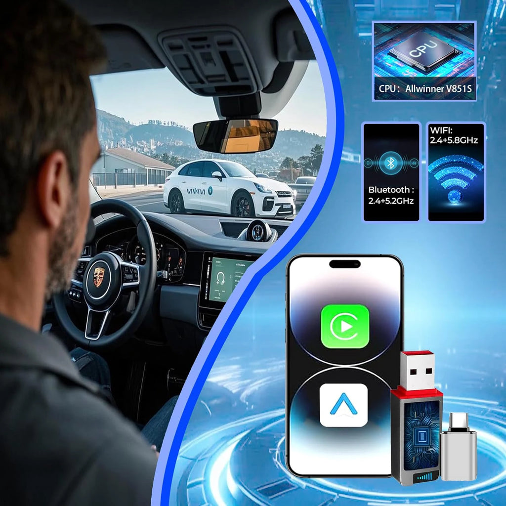 2-in-1 Wireless CarPlay Adapter 2026 Support Apple CarPlay & Android Auto, Fast Auto-Connect, No Latency, Mini Bluetooth Dongle Convert Wired to Wireless Compatible with iPhone & Android Black