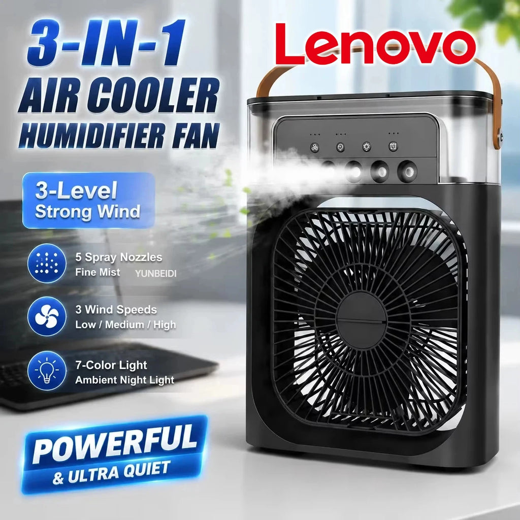 Lenovo Air Conditioner Ice Fan Mini USB Portable Air Cooler Humidifier Water Mist Spray LED Night Light Desktop Cooling Fan