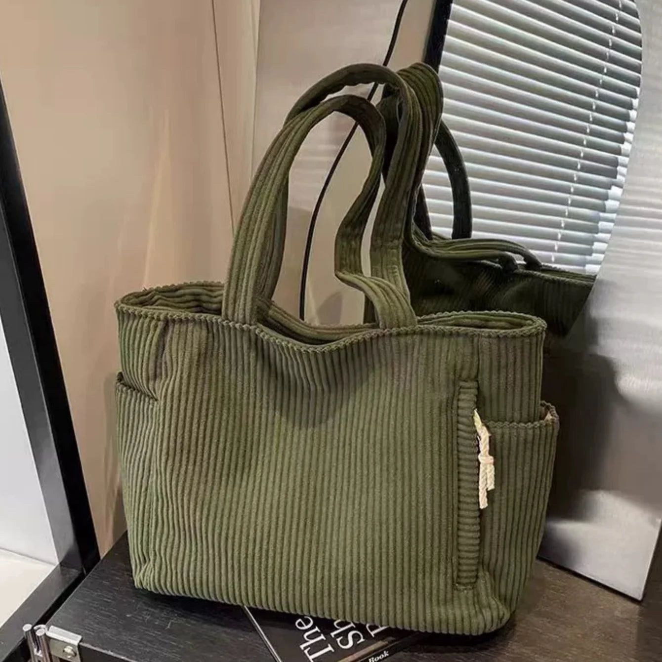 Large Corduroy Tote Bag for Women Everyday Shoulder Bag with Pockets and Zipper for Work Travel Vacation