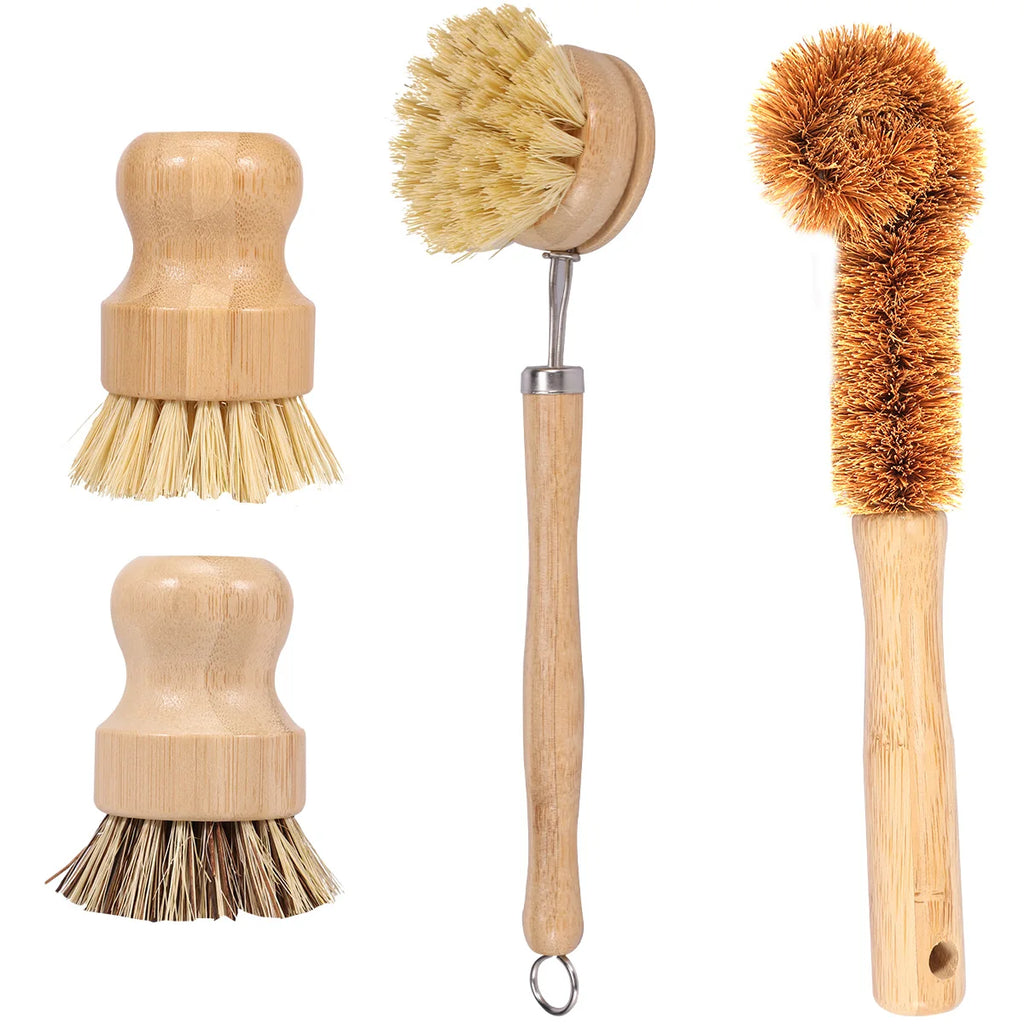 4/5Pcs Bamboo Dish Brush Set Pot Cleaning Brush Long Handle Kitchen Dishes Scrubber Strong Decontamination Rust Removal Utensils