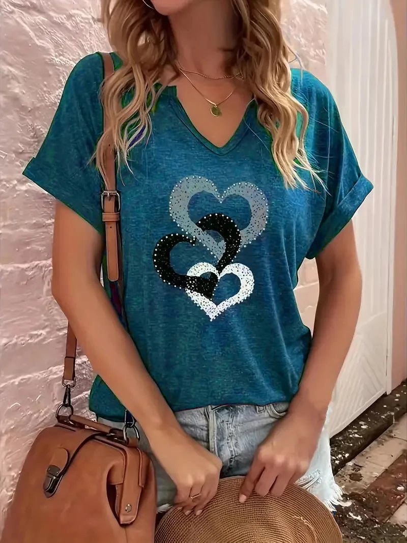 New summer folded sleeve heart print V-neck plus-size short-sleeved T-shirt