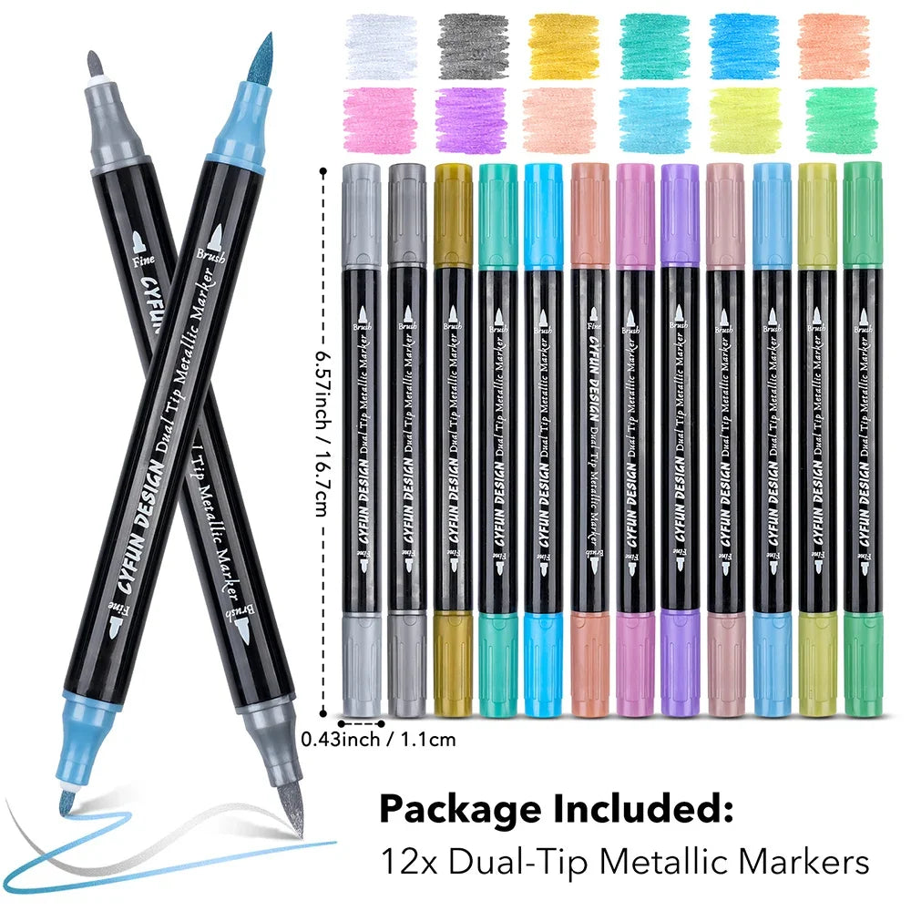 Dual-Tip Metallic Acrylic Markers 2 in1 Fine&Brush Tip Paint Pen for Black Paper,Rock Painting,Glass Craft,Card Making Scrapbook